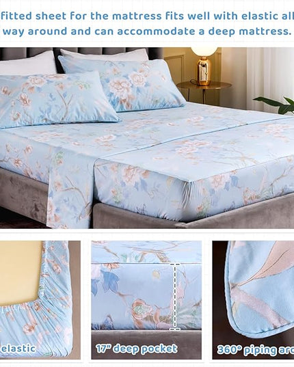 QSH Floral Bed Sheets Set Queen Size - Luxury Bird Butterfly Print Bed Sheet Set - 100% Egyptian Cotton Extra Soft and Breathable - 4 pcs Deep Pockets Flower Bed Sheets - LeafyLoom