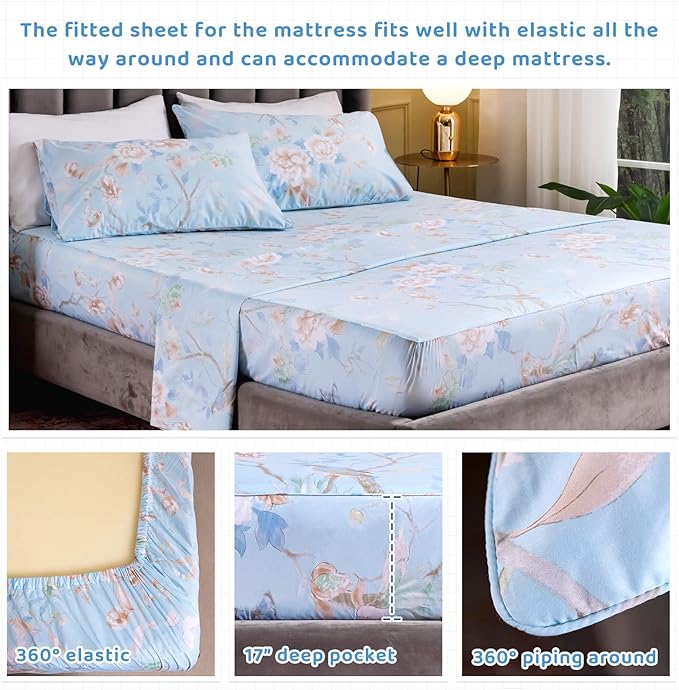 QSH Floral Bed Sheets Set Queen Size - Luxury Bird Butterfly Print Bed Sheet Set - 100% Egyptian Cotton Extra Soft and Breathable - 4 pcs Deep Pockets Flower Bed Sheets - LeafyLoom