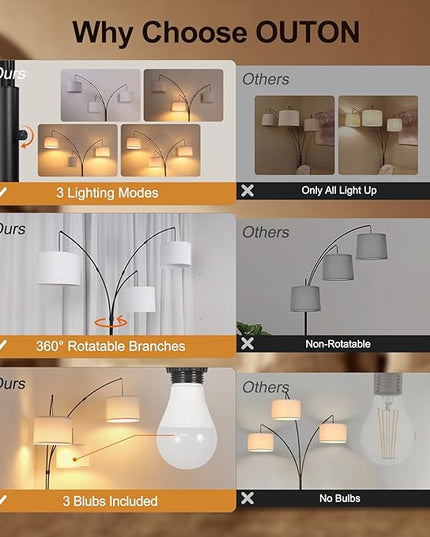 OUTON Arc Led Floor Lamp, Modern Black 3 Light Tall Floor Lamp for Bedroom, 2400lm Mid Century Adjustable Standing Corner Lamps for Living Room Office, 3 LED Bulbs Included, White Lampshade - LeafyLoom