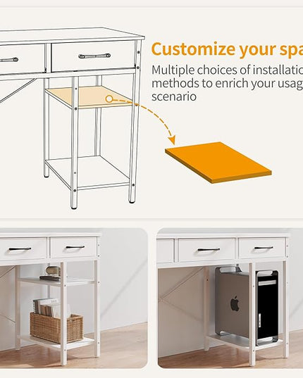 CubiCubi 47 Inch Computer Desk with 3 Drawers and Storage Shelves, Small Home Office Desk, Study Writing Table, Simple Desk for Bedroom, White - LeafyLoom