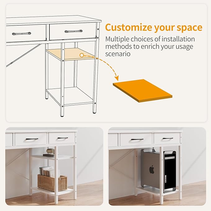 CubiCubi 47 Inch Computer Desk with 3 Drawers and Storage Shelves, Small Home Office Desk, Study Writing Table, Simple Desk for Bedroom, White - LeafyLoom