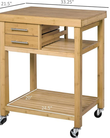 HOMCOM Bamboo Kitchen Island Cart on Wheels, Utility Trolley Cart with 2 Storage Drawers and Open Shelves, Natural - LeafyLoom