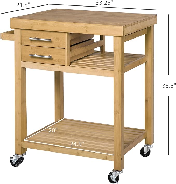 HOMCOM Bamboo Kitchen Island Cart on Wheels, Utility Trolley Cart with 2 Storage Drawers and Open Shelves, Natural - LeafyLoom