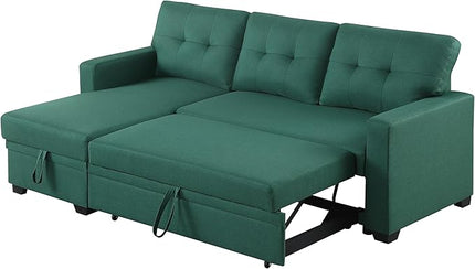 Sectional Sofa with Tufted Seat & Back Cushion,Solid Wood Frame Dsign, Linen Reversible w/Storage Chaise and Pull-Out Sleeper for Home, Small Space Apartment, 82 Inch, Green - LeafyLoom