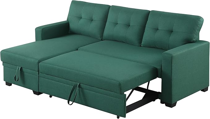 Sectional Sofa with Tufted Seat & Back Cushion,Solid Wood Frame Dsign, Linen Reversible w/Storage Chaise and Pull-Out Sleeper for Home, Small Space Apartment, 82 Inch, Green - LeafyLoom