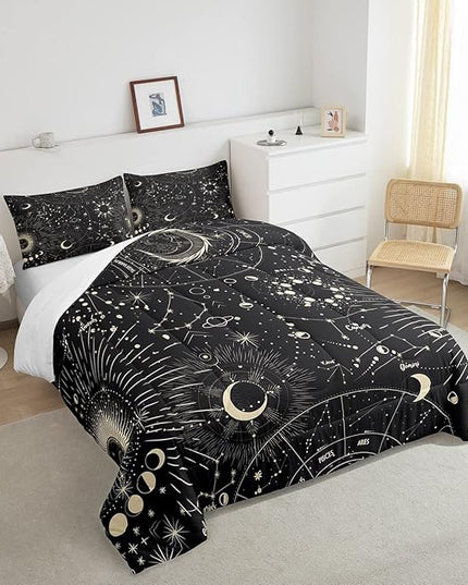 Feelyou Sun and Moon Comforter Set Boho Exotic Bedding Set Galaxy Astrology Comforter for Boys Girls Children Teens Bedroom Decor Chic Cute Luxury Zodiac Signs Duvet Set Queen Size Quilt Set - LeafyLoom