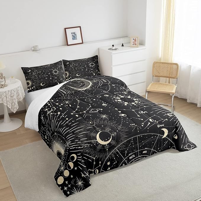 Feelyou Sun and Moon Comforter Set Boho Exotic Bedding Set Galaxy Astrology Comforter for Boys Girls Children Teens Bedroom Decor Chic Cute Luxury Zodiac Signs Duvet Set Queen Size Quilt Set - LeafyLoom