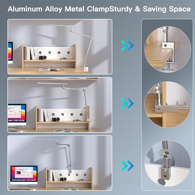LED Desk Lamp, Desk Light for Home Office, Dual Light Source 18W Brightest, Eye-Caring Optical Lens, Task Lamp, 5 Color Modes & Brightness, Aluminum Alloy Clip on Lamp, Clamp Lamp, Silver - LeafyLoom