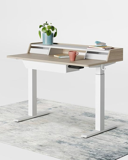 FEZIBO Standing Desk with Drawers, 48 x 25 Inch Adjustable Height Stand Up Desk with Storage Shelf, Home Office Desk with Monitor Stand, Light Walnut - LeafyLoom