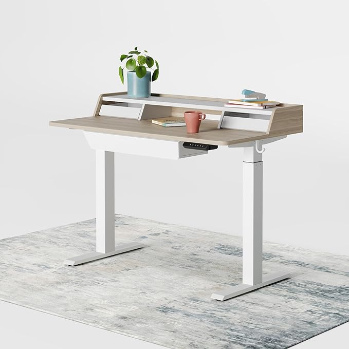 FEZIBO Standing Desk with Drawers, 48 x 25 Inch Adjustable Height Stand Up Desk with Storage Shelf, Home Office Desk with Monitor Stand, Light Walnut - LeafyLoom