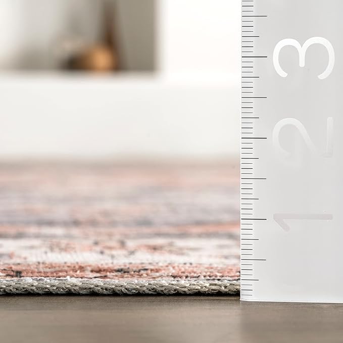 nuLOOM 4x6 Machine Washable Rain Haven Vintage Medallion Area Rug, Light Orange, Traditional Faded Design, Non-Slip Backing, Stain Resistant, For Bedroom, Dining Room, Living Room, Kitchen - LeafyLoom
