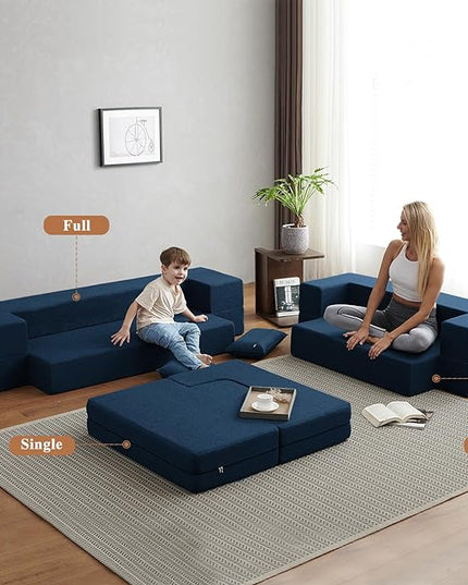 Convertible Folding Sofa - Modern Linen Fabric Coffee Table, Foldable Floor & Futon Couch, Space-Saving Chair with Pillow for Living Room/Dorm/Guest Room/Home Office/Apartment,Twin XL,Navy Blue - LeafyLoom