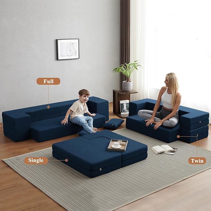 Convertible Folding Sofa - Modern Linen Fabric Coffee Table, Foldable Floor & Futon Couch, Space-Saving Chair with Pillow for Living Room/Dorm/Guest Room/Home Office/Apartment,Twin XL,Navy Blue - LeafyLoom