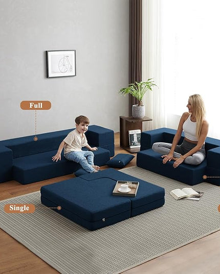 Convertible Folding Sofa - Modern Linen Fabric Coffee Table, Foldable Floor & Futon Couch, with Pillow for Living Room/Dorm/Guest Room/Home Office/Apartment,Single (2 in 1),Navy Blue - LeafyLoom
