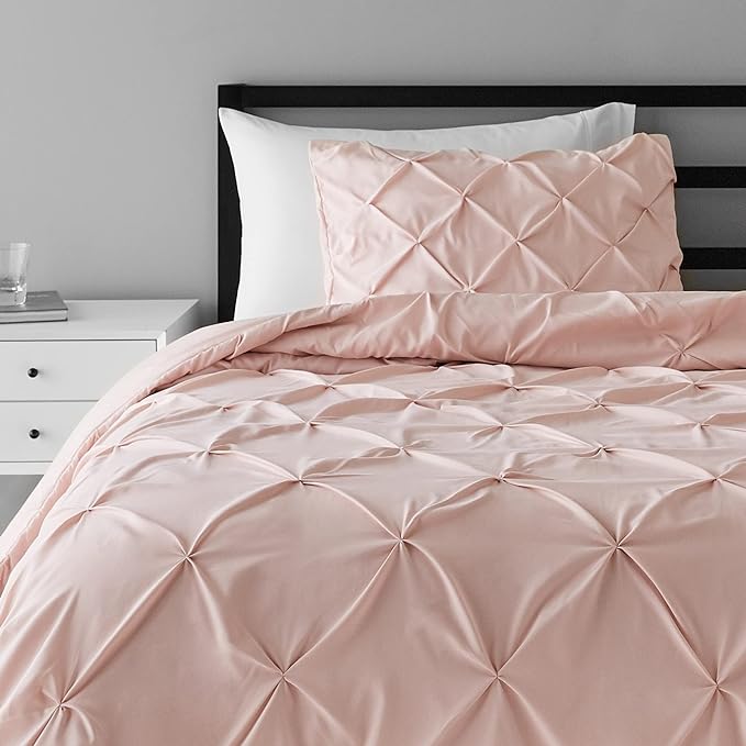 Amazon Basics Pinch Pleat All-Season Down-Alternative Comforter 2-Piece Bedding Set, Geometric, Twin/TwinXL, Blush - LeafyLoom