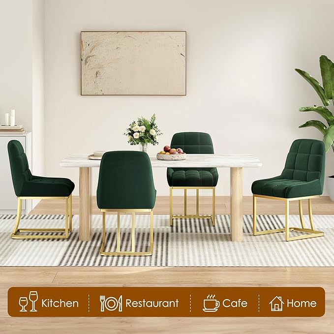 STARY Upholstered Velvet Armless Dining Room Chairs with Gold Metal Legs for Kitchen Restaurant, Green- Set of 4 - LeafyLoom