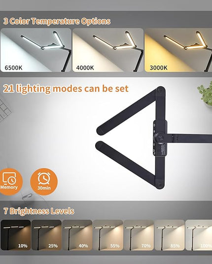 Desk Lamp with Hand-Sweep Sensor Desk Lamps for Home Office Desk Lamp with Clamp with 2 USB C+A Ports 24W LED Desk Light Clip On Desk Lamp with Timer, 3 Colors, 7 Brightness Dimmable Lamp For Desk - LeafyLoom