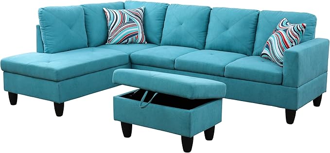 L-Shaped Sectional Couches with 66.5'' Chaise Lounge & Storage Ottoman Modular Room Sofas for Home Office Apartment, Large Living Furniture, 97'' Left Hand Facing, Green Linen - LeafyLoom