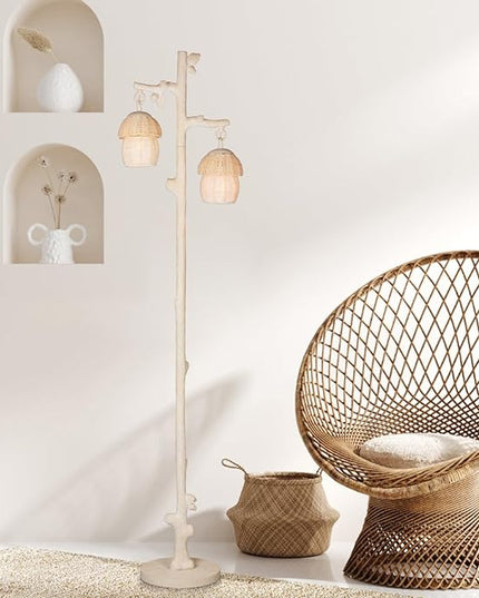 Rattan Floor Lamp with Faux Wood Finish, Boho Floor Lamps with Faux Pinecone and Leaves Decor, Beige - LeafyLoom
