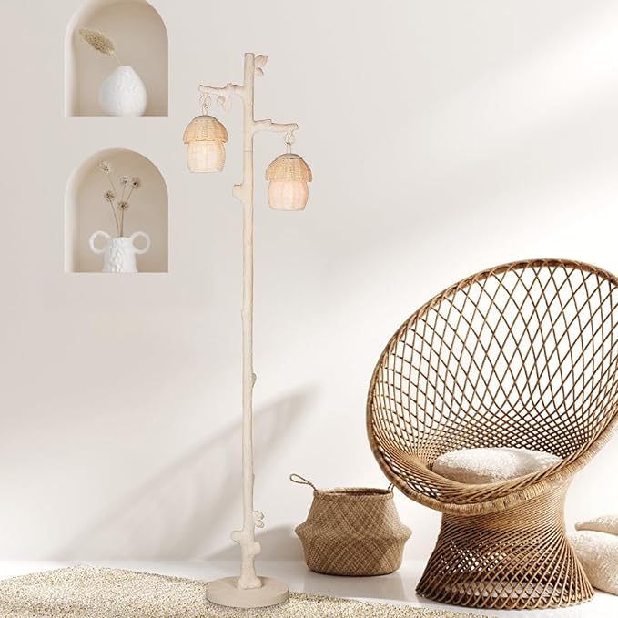 Rattan Floor Lamp with Faux Wood Finish, Boho Floor Lamps with Faux Pinecone and Leaves Decor, Beige - LeafyLoom