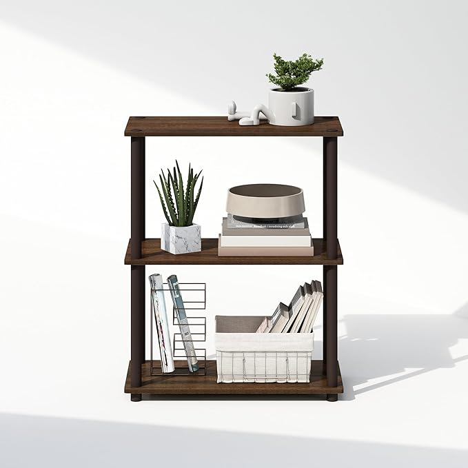 Furinno Turn-N-Tube 3-Tier Multipurpose Compact Display Rack, Shelving Unit, Bookcase, Walnut/Brown - LeafyLoom