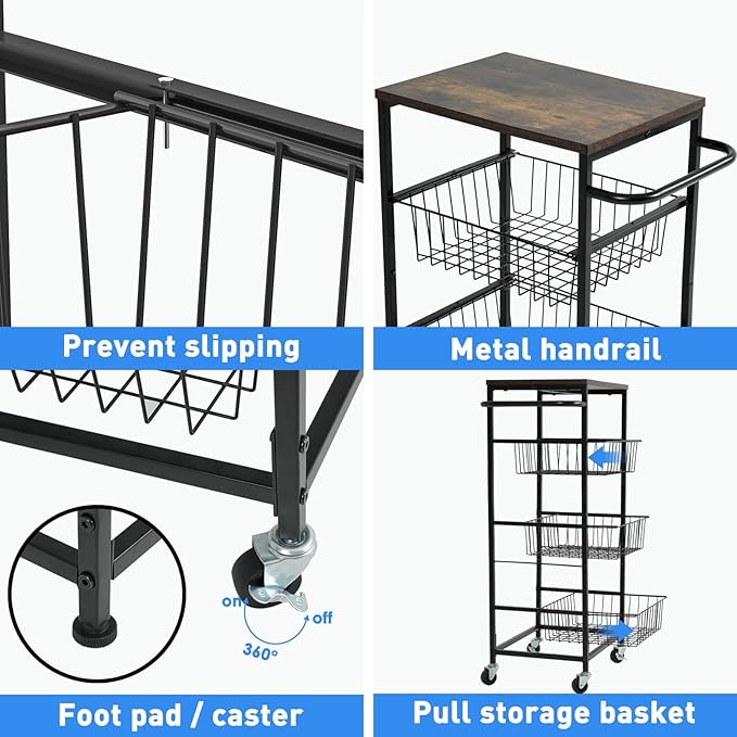 AIYAKA Kitchen Storage Cart 4 Tier Utility Rolling Microwave Cart on Wheels with Pull-Out Baskets and Wood Top for laundry room pantry bathroom, Brown - LeafyLoom