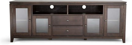 SIMPLIHOME Cosmopolitan SOLID WOOD Universal TV Media Stand, 72 inch Wide, Contemporary, Living Room Entertainment Center with Storage, for Flat Screen TVs up to 80 inches in Mahogany Brown - LeafyLoom