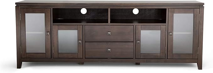 SIMPLIHOME Cosmopolitan SOLID WOOD Universal TV Media Stand, 72 inch Wide, Contemporary, Living Room Entertainment Center with Storage, for Flat Screen TVs up to 80 inches in Mahogany Brown - LeafyLoom