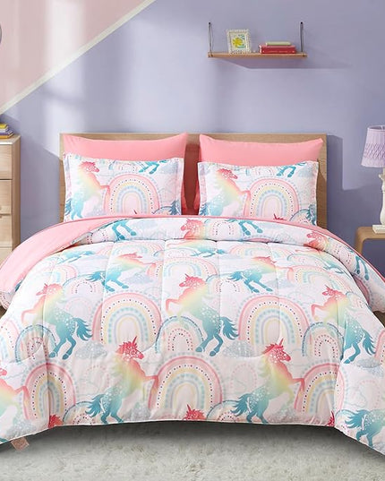 Queen Comforter Set for Girls, 7 Pieces Bed in a Bag, Colorful Unicorn Bedding Comforter Sheet Set, Ultra Soft and Fluffly, Pink & Rainbow Color, Colorful Bed in a Bag for Girls - LeafyLoom