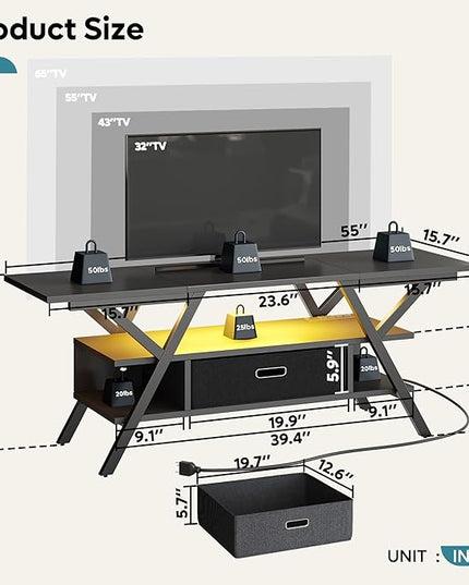 Bestier LED Entertainment Center with Power Outlets Gaming TV Stand for TV up to 65 Inch 55” TV Game Console for Living Room Bedroom Removable Drawer 20 Dynamic RGB Modes, Carbon Fiber Black - LeafyLoom