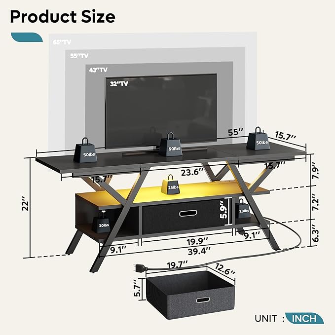 Bestier LED Entertainment Center with Power Outlets Gaming TV Stand for TV up to 65 Inch 55” TV Game Console for Living Room Bedroom Removable Drawer 20 Dynamic RGB Modes, Carbon Fiber Black - LeafyLoom