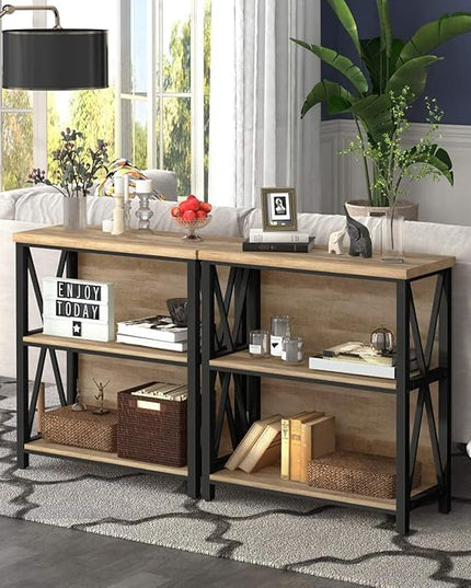 FATORRI Small Bookcase, Wood and Metal Low Short Bookshelf, Industrial Book Case and Rustic Book Shelf for Small Space (Rustic Oak) - LeafyLoom