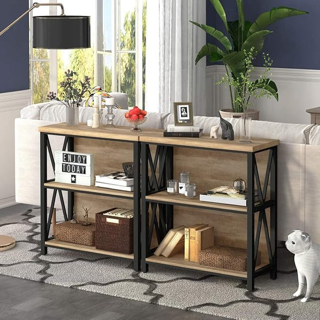 FATORRI Small Bookcase, Wood and Metal Low Short Bookshelf, Industrial Book Case and Rustic Book Shelf for Small Space (Rustic Oak) - LeafyLoom