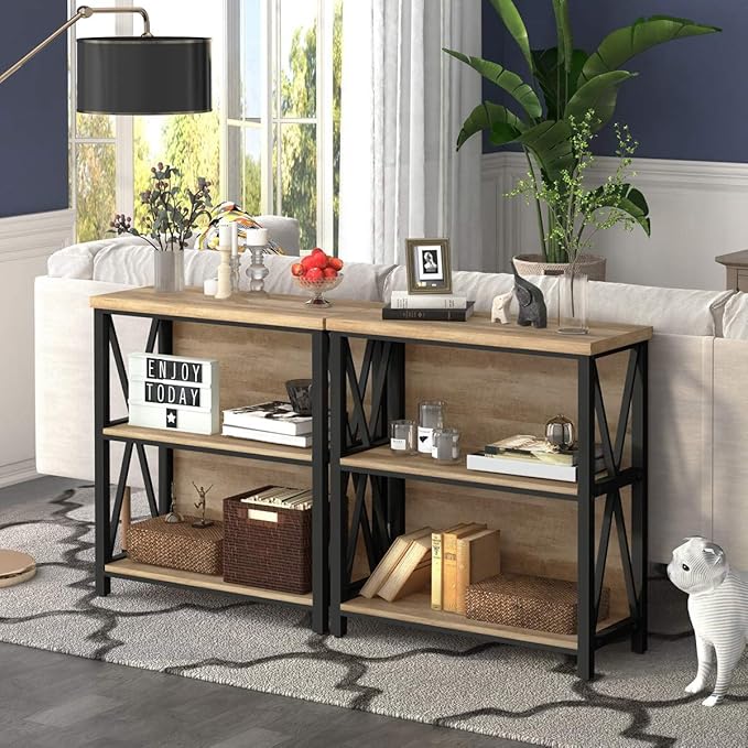 FATORRI Small Bookcase, Wood and Metal Low Short Bookshelf, Industrial Book Case and Rustic Book Shelf for Small Space (Rustic Oak) - LeafyLoom