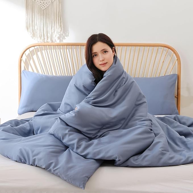 ROSGONIA Queen Comforter Set Slate Blue, 3pcs Queen Size Comforter(1 Boho Blue Comforter & 2 Pillowcases) All Season Lightweight Bedding Blanket Quilt - LeafyLoom