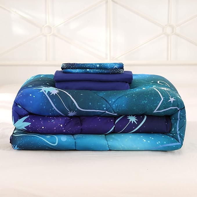Wowelife Galaxy Bedding Set Full Size 5 Pieces Galaxy Space Comforter Set Blue 3D Galaxy Kids Comforter Sets Lightweight with Comforter, Flat Sheet, Fitted Sheet and 2 Pillowcases - LeafyLoom