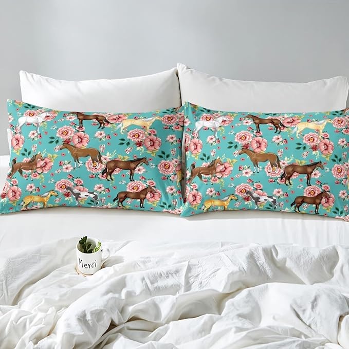 Kids Horse Bedding Set Chic Retro Floral Bedding Comforter Set for Girls Teens Galloping Horse Printed Comforter 3D Wild Farm Animal Duvet Set Bedroom Decor Quilt Set 2Pcs Twin Size, Green Pink - LeafyLoom