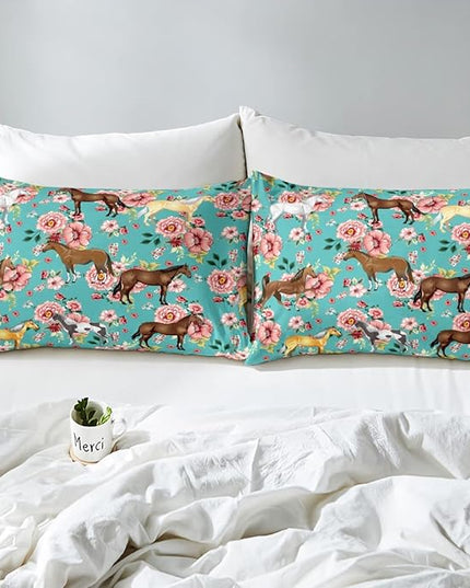 Horse Bedding Set Queen Chic Retro Blossom Comforter Set For Kids Girls Teens Galloping Horse Comforter Romantic Aesthetic Style 3D Wild Farm Animal Duvet Set Bedroom Decor Quilt Set, Green Pink - LeafyLoom