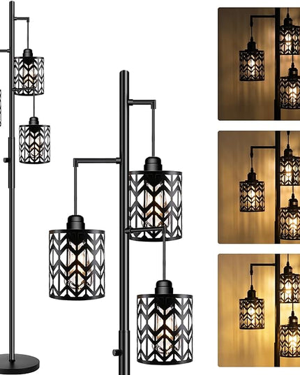 Dimmable Floor Lamp, Industrial Standing Floor lamp for Living Room, Tall Farmhouse Rustic lamp with 3 LED Bulbs, Tree Floor Lamp for Bedrooms, Living Room, Home Office, Metal, Black, 68" - LeafyLoom