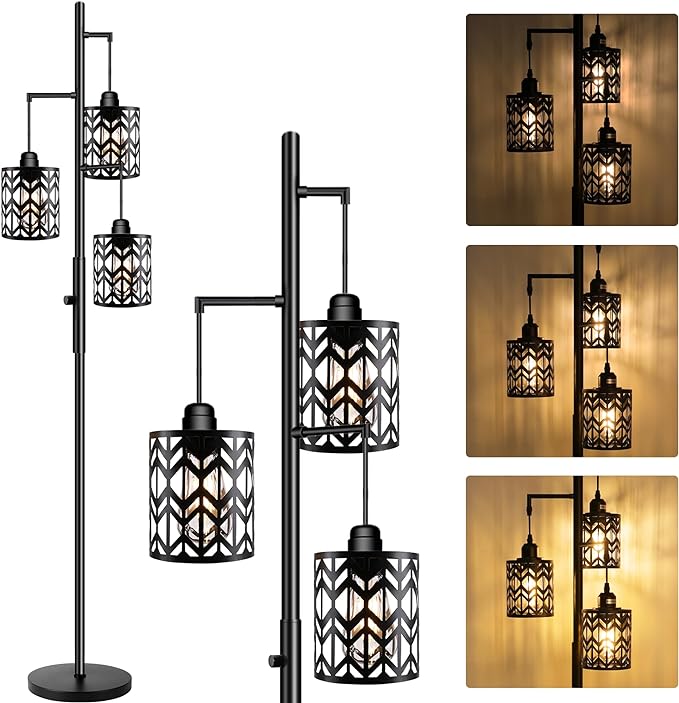 Dimmable Floor Lamp, Industrial Standing Floor lamp for Living Room, Tall Farmhouse Rustic lamp with 3 LED Bulbs, Tree Floor Lamp for Bedrooms, Living Room, Home Office, Metal, Black, 68" - LeafyLoom
