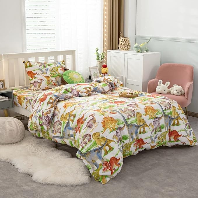 Feelyou Kids Dinosaur Comforter Set Twin Size Boys Girls Watercolor Cute Dino Bedding Set Ultra Soft Lightweight Jungle Animal Pattern Comforter for Children (1 Comforter + 1 Pillowcase, Twin) - LeafyLoom