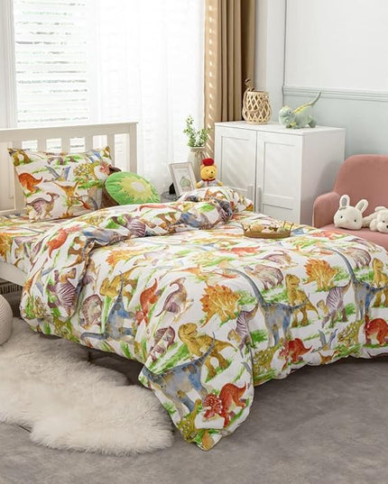 Kids Dinosaur Comforter Set Full Size Boys Girls Watercolor Cute Dino Bedding Set Ultra Soft Lightweight Jungle Animal Pattern Comforter for Children (1 Comforter + 2 Pillowcases, Full) - LeafyLoom