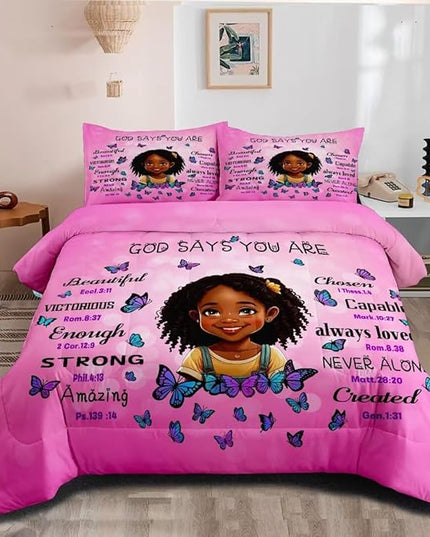 Black Girl Comforter Set Twin for Kids Teens,God Says You are Comforter Set for Black Women,Black Girl Magic Bedding Set,African American Girl Bed Bedroom Set - LeafyLoom
