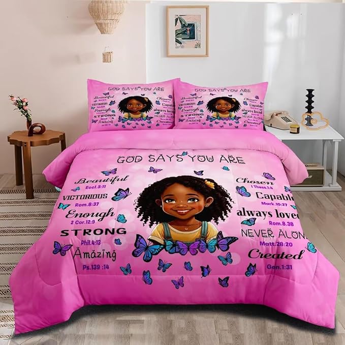 Black Girl Comforter Set Queen for Kids Teens,God Says You are Comforter Set for Black Women,Black Girl Magic Bedding Set,African American Girl Bed Bedroom Set - LeafyLoom