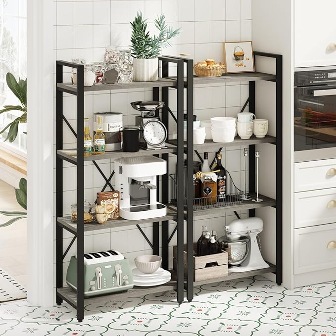 BON AUGURE Industrial 4 Tier Bookshelf, Modern Open Etagere Bookcase, Wood Metal Book Shelves for Living Room, Bedroom and Office (Dark Gray Oak) - LeafyLoom