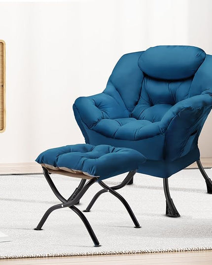 Lazy Chair with Folding Ottoman Modern Large Accent Chair,Contemporary Lounge Leisure Sofa Chair with Armrests Upholstered Sofa Armchair Reading Chair for Bedroom,Dorm & Office,Blue - LeafyLoom