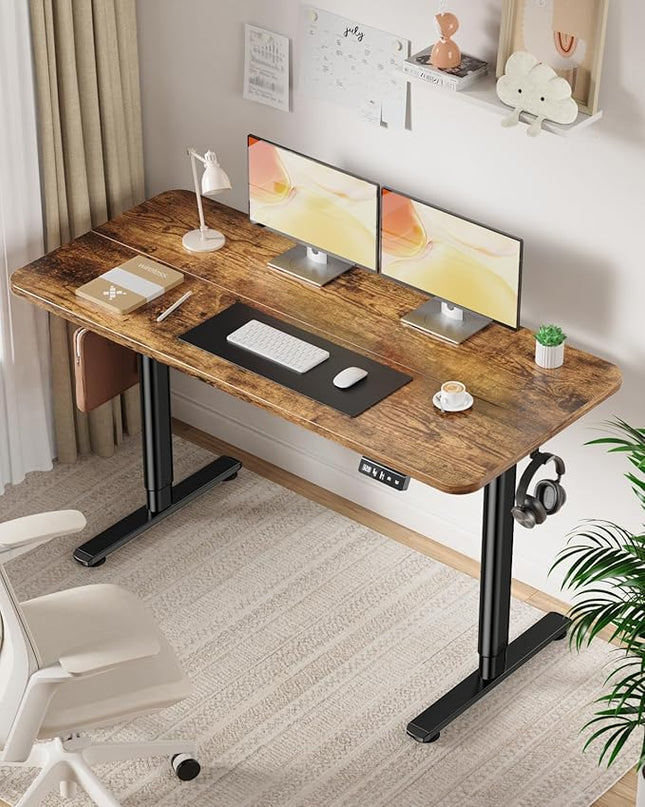 Electric Standing Desk Adjustable Height Stand Up Desk, 55" x 24" Sit Stand Desk, Low Noise Home Office Desk, Computer Desk with Splice Board, Child Lock & Memory Function, Rustic Brown - LeafyLoom