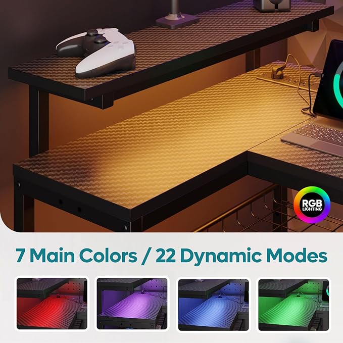 Bestier 52 Led Gaming Desk with Power Outlet & USB Ports,Small L Shaped Computer Desk with Headset Hooks,Corner Desk for Home Office Carbon Fiber Black - LeafyLoom