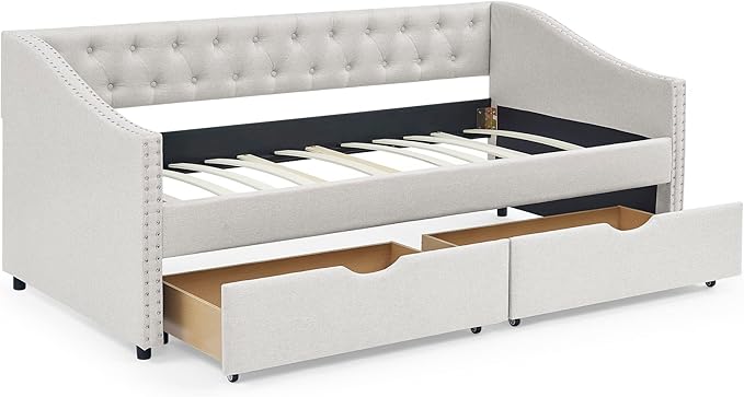 Twin Size Daybed with 2 Storage Drawers,Linen Upholstered Sofa Bed W/Button on Back & Copper Nail on Waved Shape Armrests,No Spring Box Need,Wood Bedframe for Living Room Bedroom Dorm,Beige - LeafyLoom