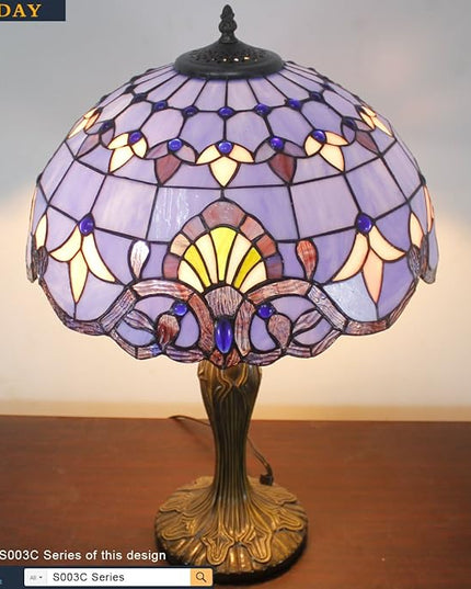 WERFACTORY Tiffany Lamp Blue Purple Stained Glass Baroque Table Lamp Lavender Style Bedside Desk Light Metal Base 16X16X24 Inches Decor Bedroom Living Room Home Office S003C Series (Blue Baraque) - LeafyLoom